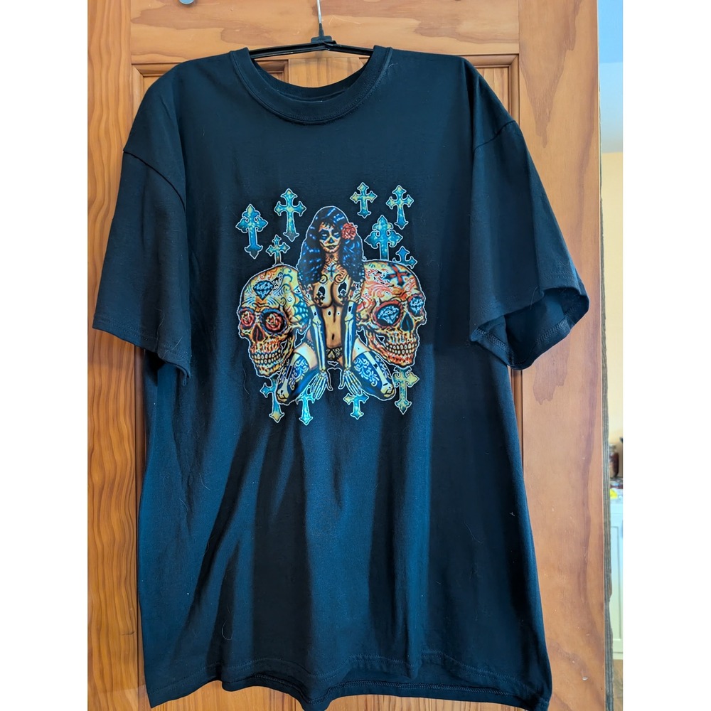 Port & Company Mens XL Black Day of the Dead Sugar Skull Graphic T-Shirt